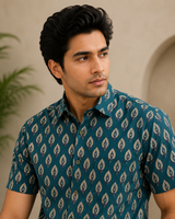 Majestic Teal Ethnic Cotton Men’s Shirt