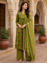 Mehreen Mehfil Green A line Style Cotton Suit Set with Dupatta