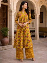 Noor-e-Haldi Floral Mustard A line Style Cotton Suit Set with Dupatta
