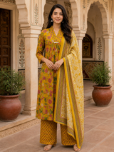 Noor-e-Haldi Floral Mustard A line Style Cotton Suit Set with Dupatta