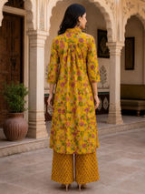 Noor-e-Haldi Floral Mustard A line Style Cotton Suit Set with Dupatta