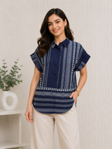 Zivara Navy Tribal Stripe Cotton Short Kurti