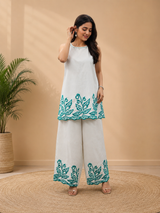 Zariya Floral White & Teal Eden Embroidered Cotton Co-Ord Set