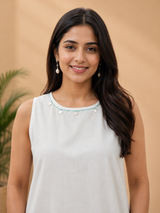 Zariya Floral White & Teal Eden Embroidered Cotton Co-Ord Set