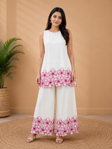 Rosabelle Floral White & Pink Thread Embroidered Cotton Co-Ord Set