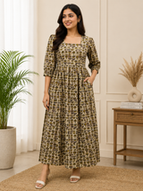 Vintage Beige Blossom Garden Elegant Floral Cotton Dress