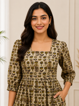 Vintage Beige Blossom Garden Elegant Floral Cotton Dress