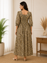 Vintage Beige Blossom Garden Elegant Floral Cotton Dress