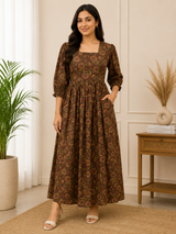Summer Cinnamon Garden Elegant Floral Cotton Dress