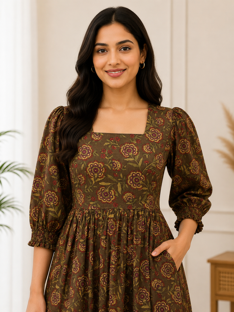 Summer Cinnamon Garden Elegant Floral Cotton Dress