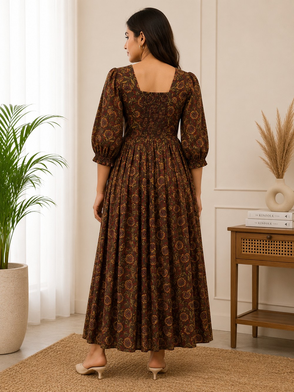 Summer Cinnamon Garden Elegant Floral Cotton Dress