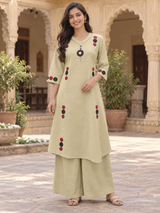 Meher Beige Pure Cotton Suit Set with Printed Cotton Dupatta