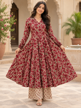 Zarmina Red Print Anarkali Suit Set with Mul Cotton Dupatta