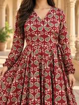 Zarmina Red Print Anarkali Suit Set with Mul Cotton Dupatta