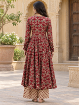 Zarmina Red Print Anarkali Suit Set with Mul Cotton Dupatta