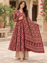 Zarmina Red Print Anarkali Suit Set with Mul Cotton Dupatta