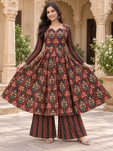 Naazira Maroon Print Anarkali Suit Set with Mul Cotton Dupatta