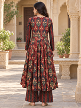 Naazira Maroon Print Anarkali Suit Set with Mul Cotton Dupatta