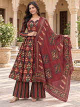 Naazira Maroon Print Anarkali Suit Set with Mul Cotton Dupatta