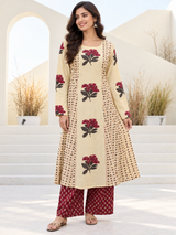 Afsana Beige Floral Cotton Suit Set with Mul Cotton Dupatta