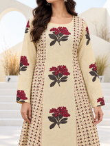 Afsana Beige Floral Cotton Suit Set with Mul Cotton Dupatta