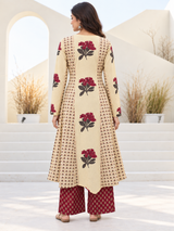 Afsana Beige Floral Cotton Suit Set with Mul Cotton Dupatta
