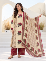 Afsana Beige Floral Cotton Suit Set with Mul Cotton Dupatta