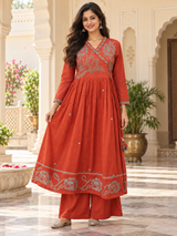 Saanjh Rust Cotton Suit Set with Mul Cotton Dupatta