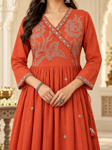Saanjh Rust Cotton Suit Set with Mul Cotton Dupatta