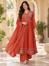 Saanjh Rust Cotton Suit Set with Mul Cotton Dupatta