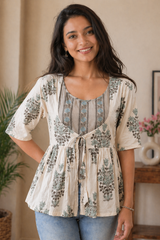 Aafiya Sage Green Floral Layered Short Kurti with Inner Camisole Top