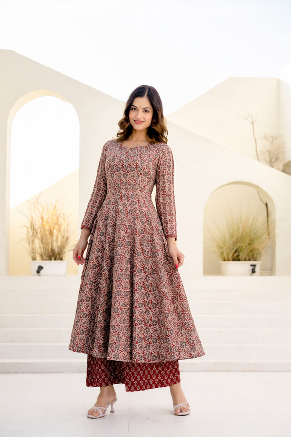 chinese dress ladies Red Ajrakh Print Flared and Gathered Kurta with Pockets – TJORI