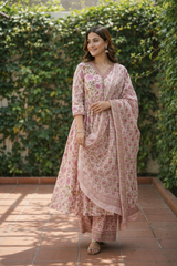 • Elegant Rose Pink Floral Suit Set with Kota Doria Dupatta