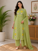 Zariah Sage Garden Embroidered Cotton Suit Set with Cotton Dupatta