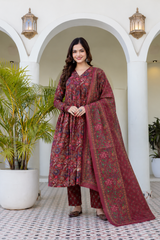 Ruhani Maroon Anarkali Suit Set with Mul Cotton Dupatta
