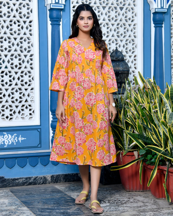 Marigold yellow floral cotton dress