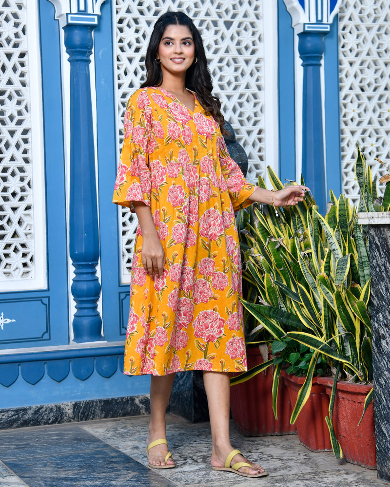 Marigold yellow floral cotton dress