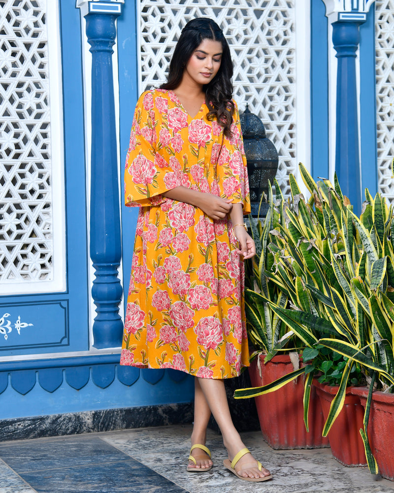 Marigold yellow floral cotton dress