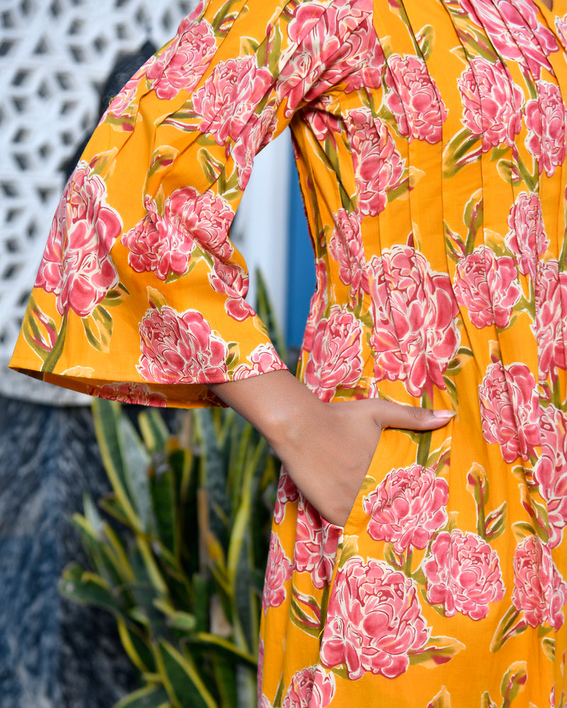 Marigold yellow floral cotton dress