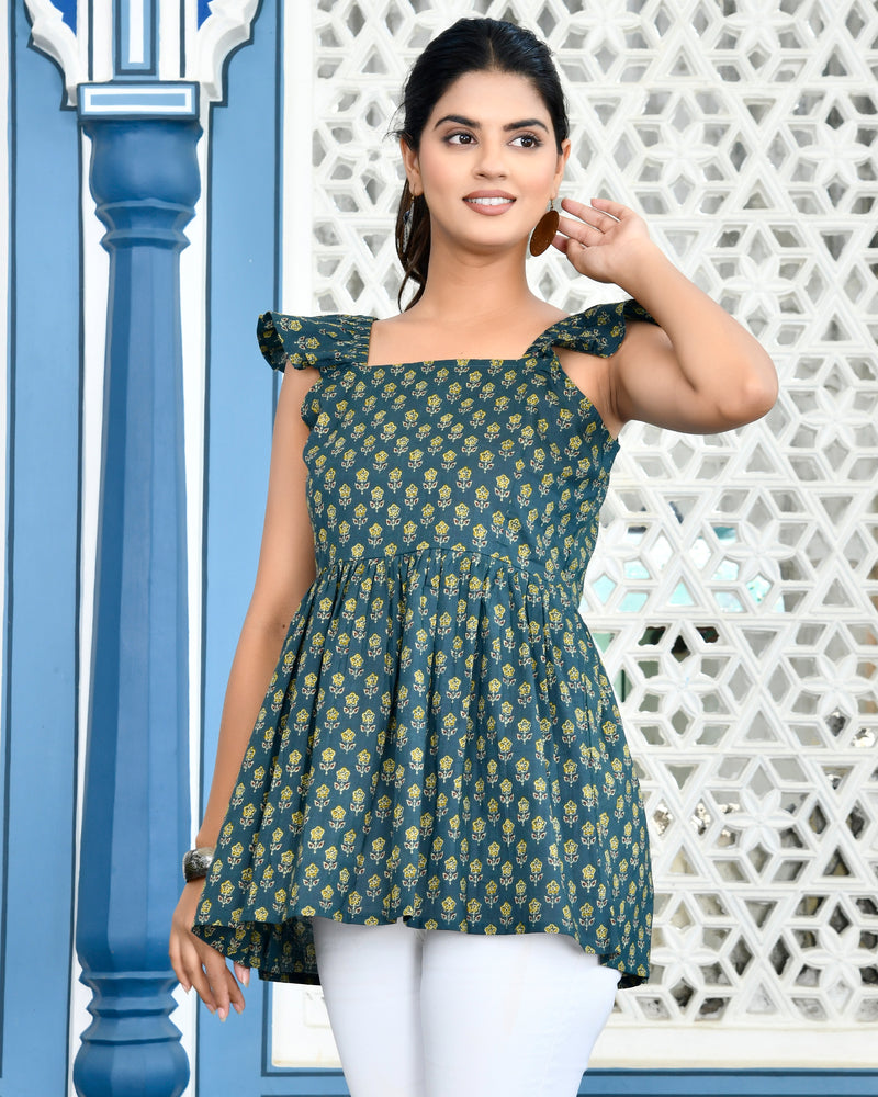 Suzy green floral cotton short Kurti