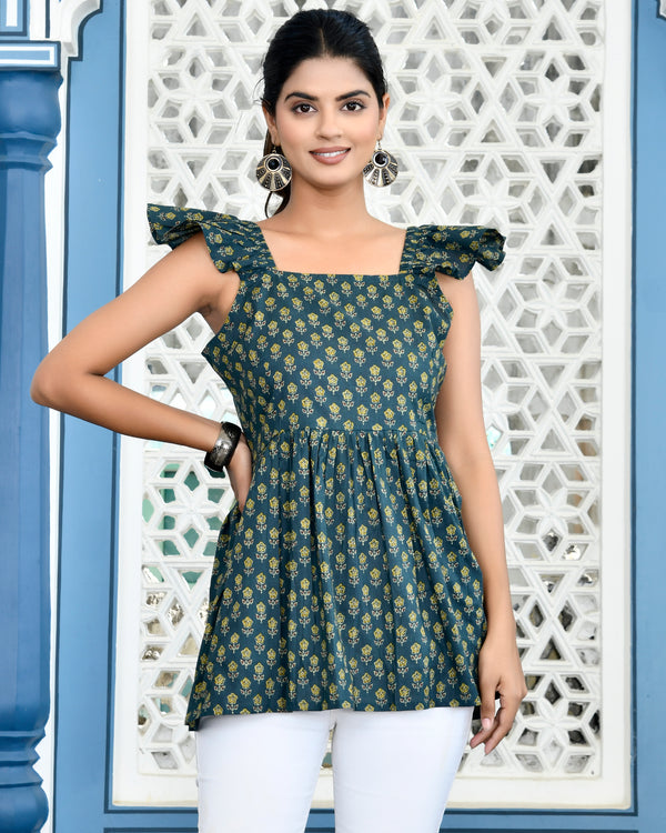 Suzy green floral cotton short Kurti