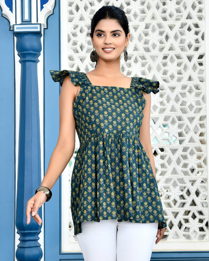 Suzy green floral cotton short Kurti