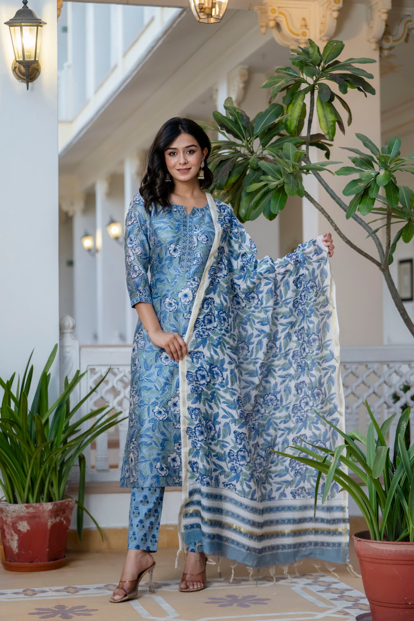 Peach Yoke Design Chanderi Silk Straight Suit Set