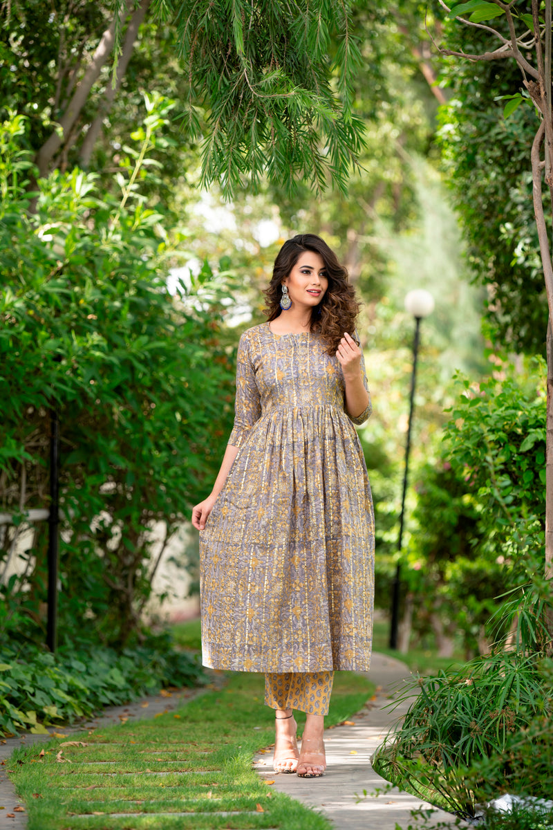 Beautiful Gather Grey and Mustard Handblock Suit Set
