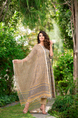 Beautiful Gather Grey and Mustard Handblock Suit Set
