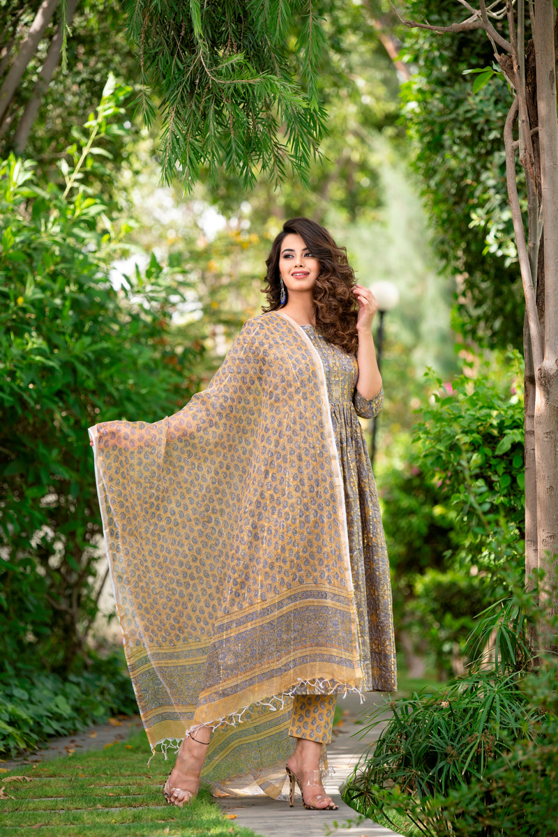 Beautiful Gather Grey and Mustard Handblock Suit Set