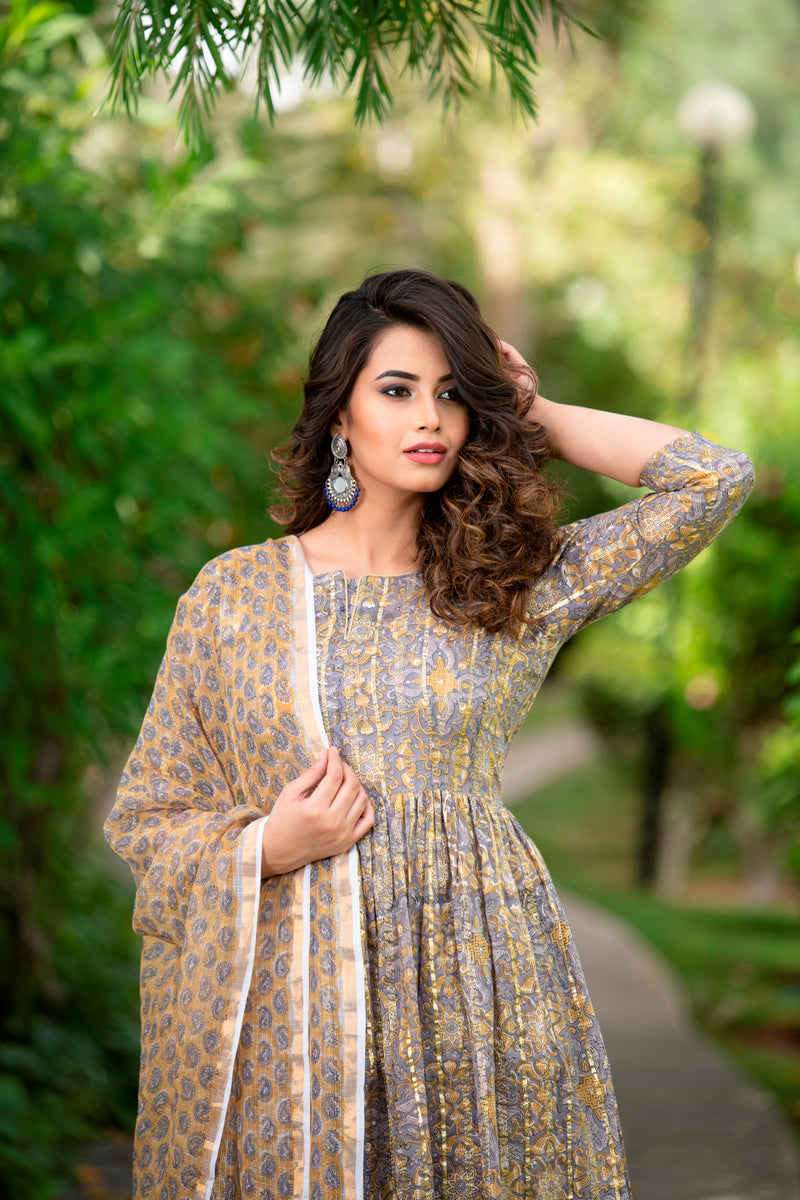 Beautiful Gather Grey and Mustard Handblock Suit Set