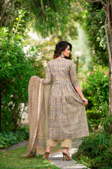 Beautiful Gather Grey and Mustard Handblock Suit Set
