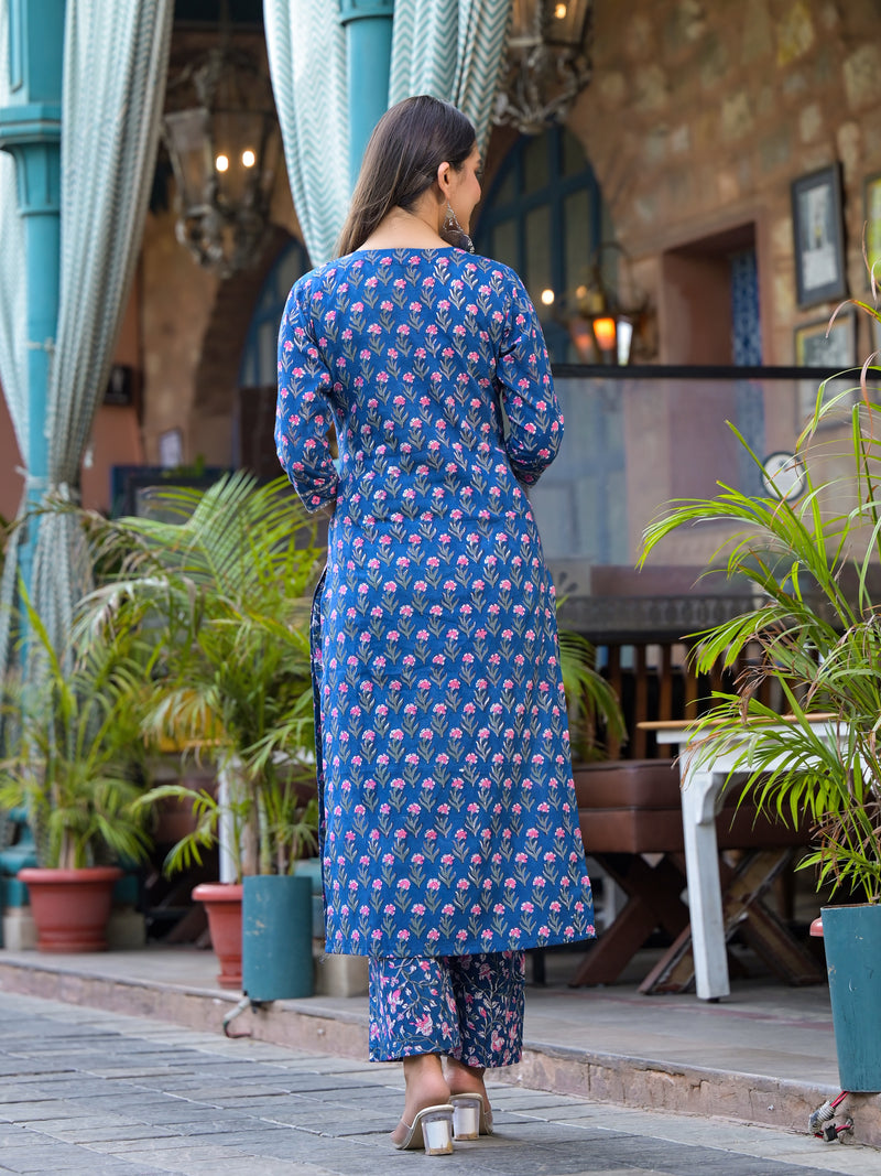 Midnight Bloom Indigo Floral Printed Cotton Kurta Pant Set