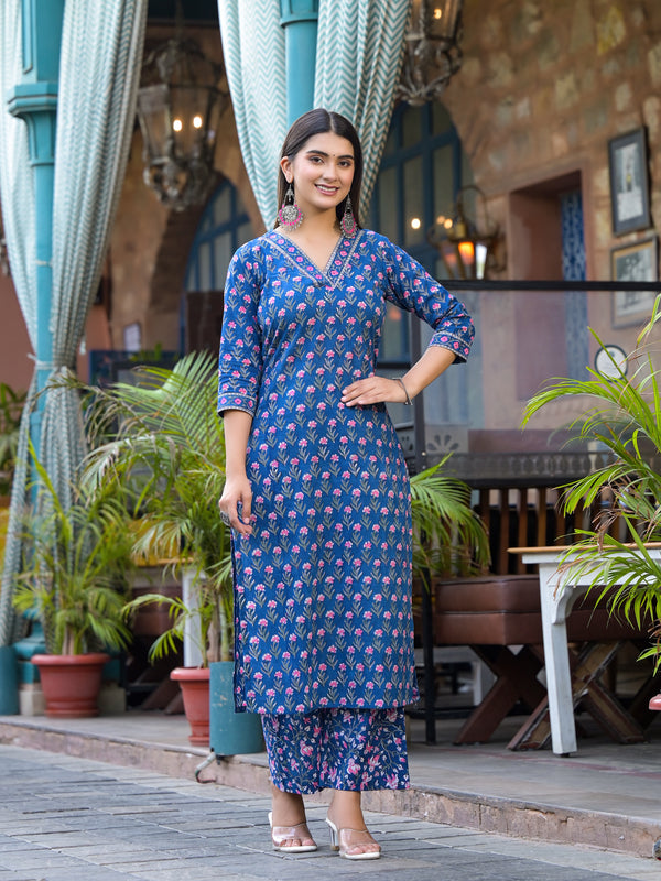 Midnight Bloom Indigo Floral Printed Cotton Kurta Pant Set